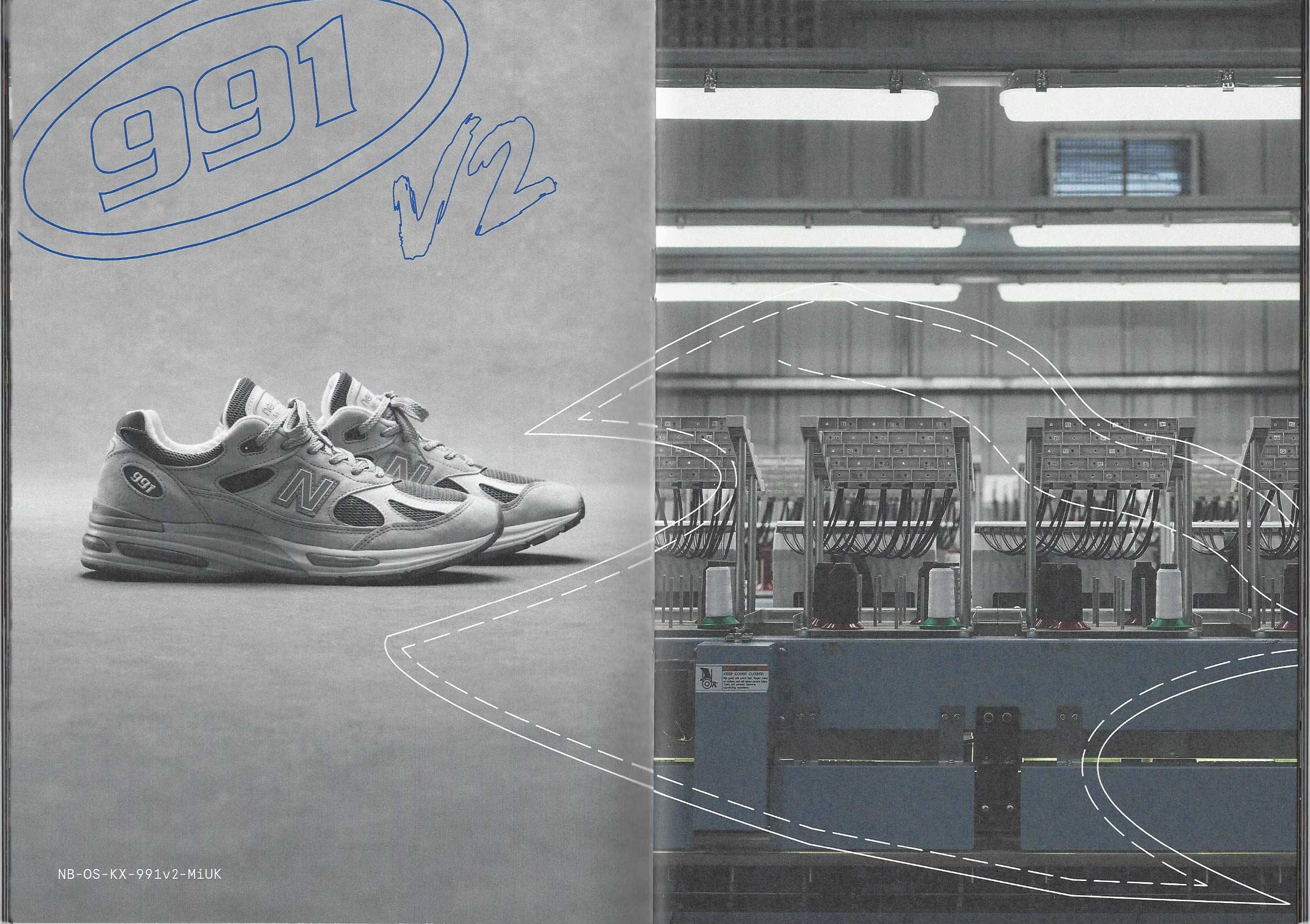 A scan of a zine, featuring a pair of New Balance 991 v2s on the left side in black and white with a grainy texture, and an image from the event on the right.